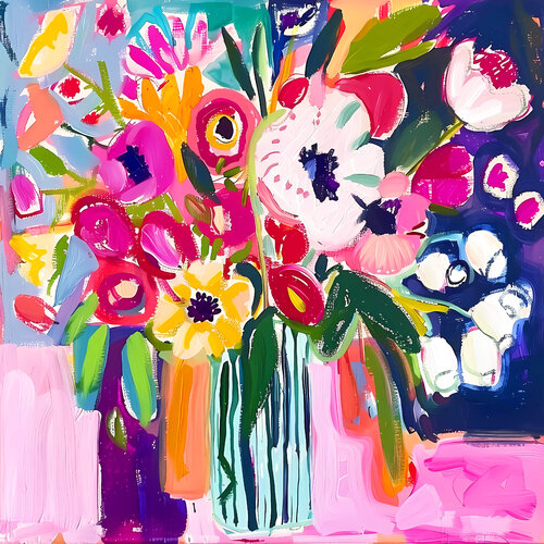 Flowers for Matisse - naive style vibrant bright colors abstract flowers in vase von Irina BAST, Druck kaufen auf Singulart