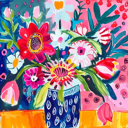 Flowers for Matisse - naive style vibrant bright colors abstract flowers in vase von Irina BAST, Druck kaufen auf Singulart
