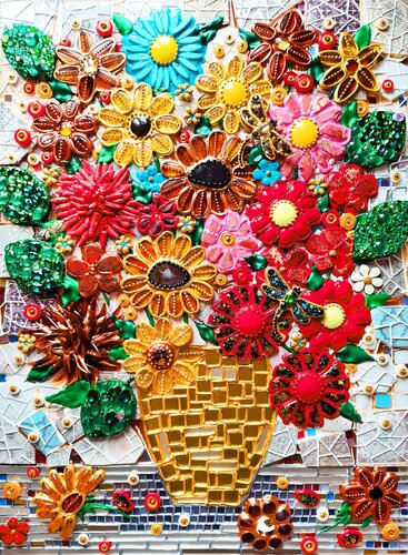 Vibrant precious stones flowers in golden vase. Unique fine art colorful positive still life for wall home decor von Irina BAST, Malerei kaufen auf Singulart