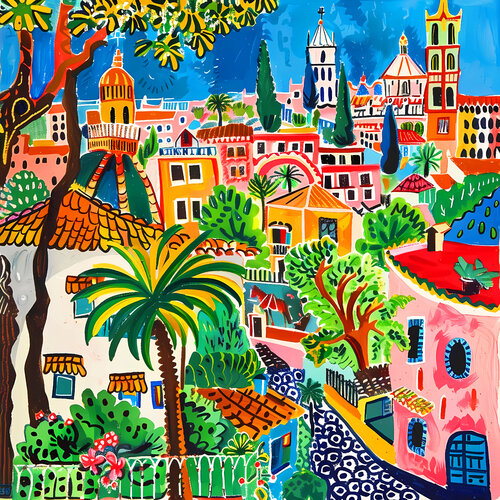Sunny Spain. Barcelona. Bright impressionistic fairytale colorful landscape fantasy city. Hanging large positive naive fine art for home decor, inspiration by Matisse by Irina BAST, Digital for Sale on Singulart