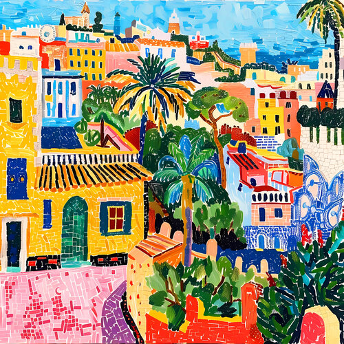 Yellow house in Barcelona. Bright joyful fauvism impressionistic fairytale colorful landscape fantasy city. Hanging large positive naive dopamine endorphin cheerful fine art for home decor, inspiration by Matisse. van Irina BAST, Digitaal te koop op Singulart