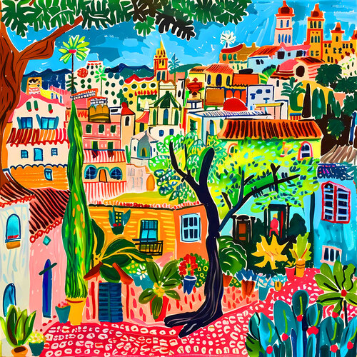 Happy Spanish cityscape. Bright joyful fauvism impressionistic colorful fantasy city. Hanging large positive naive dopamine endorphin cheerful fine art for home decor, inspiration by Matisse van Irina BAST, Digitaal te koop op Singulart