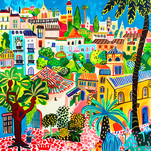 Happy city. Bright joyful fauvism impressionistic colorful fantasy city. Hanging large positive naive fine art for home decor, inspiration by Matisse. Dopamine endorphin cheerful positive mood art von Irina BAST, Digital kaufen auf Singulart