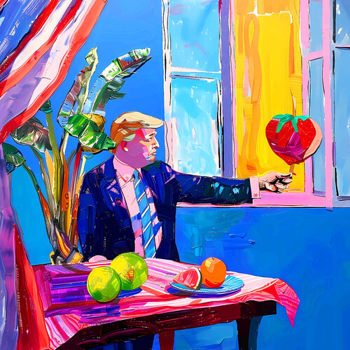 My heart for you - Donald Trump American president celebrity portrait. Contemporary famous person in funny naive style, inspired by Matisse van Irina BAST, Digitaal te koop op Singulart