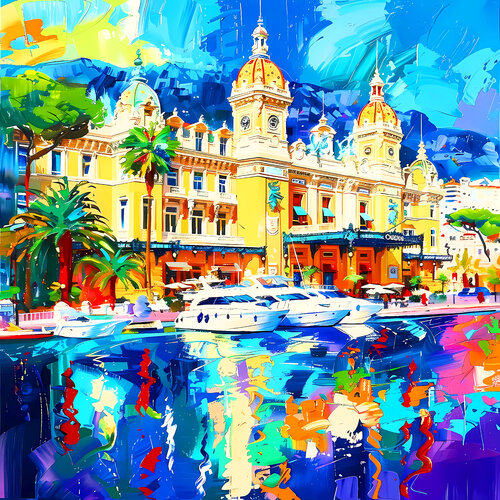 Sunrise in Monte Carlo. Sunny positive mood cityscene wall art for home decor, colorful expressionism cityscape artwork. Art Gift by Irina BAST, Digital for Sale on Singulart