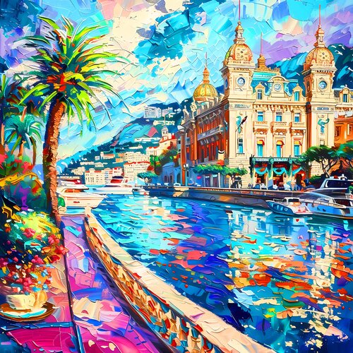 Sunlit Monte Carlo. Sunny positive mood cityscene wall art for home decor, colorful expressionism cityscape artwork. Art Gift by Irina BAST, Digital for Sale on Singulart