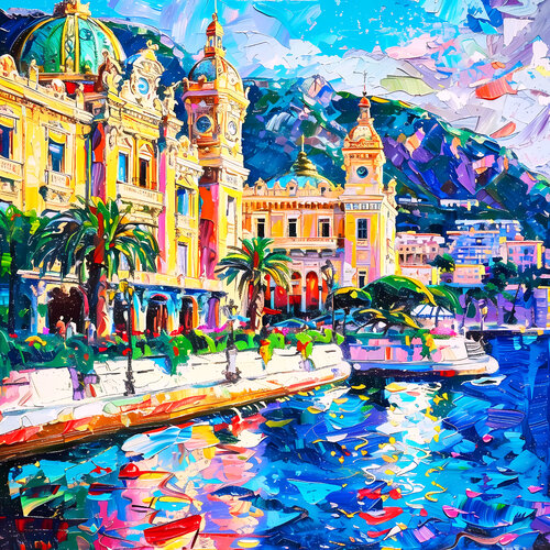 Sunrise in Monte Carlo. Sunny positive mood cityscene wall art for home decor, colorful expressionism cityscape artwork. Art Gift by Irina BAST, Digital for Sale on Singulart