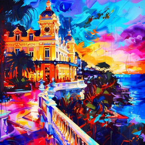 Sunset in Monte Carlo. Vivid positive mood cityscene wall art for home decor, colorful expressionism cityscape artwork. Art Gift by Irina BAST, Digital for Sale on Singulart