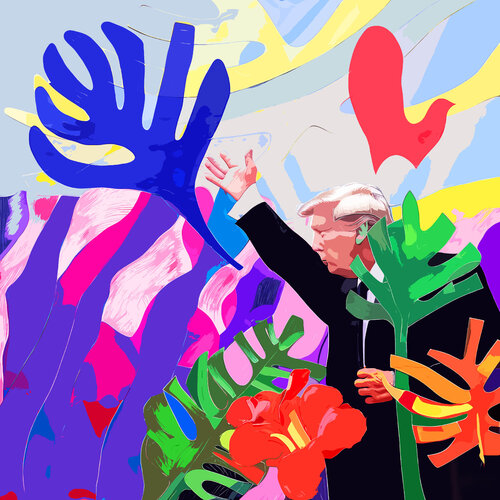 Trump celebrates his victory - Donald Trump American president celebrity portrait. Contemporary famous person in funny naive style, inspired by Matisse van Irina BAST, Digitaal te koop op Singulart