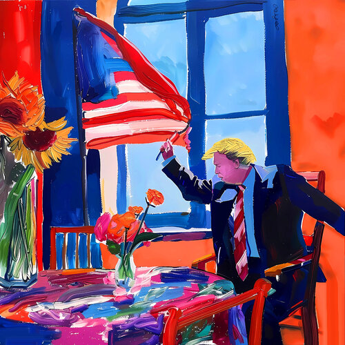 Trump dances in his office - Donald Trump American president celebrity portrait. Contemporary famous person in funny naive style, inspired by Matisse di Irina BAST, Digitale in vendita su Singulart
