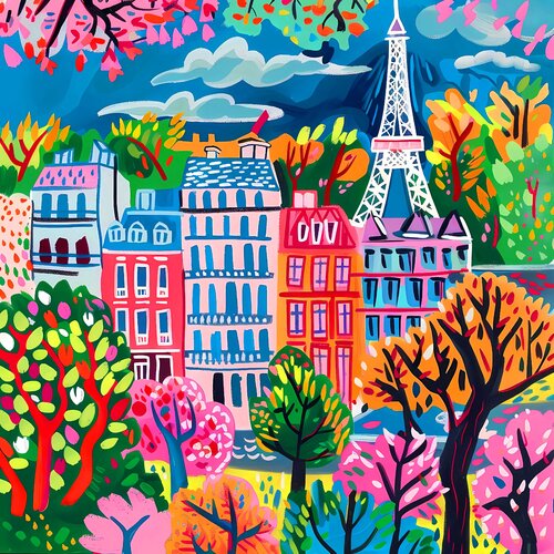 Colorful Paris. France. Bright  childlike style fairytale colorful cityscape fantasy city. Hanging large positive naive fine art for home decor, inspiration by Matisse von Irina BAST, Digital kaufen auf Singulart