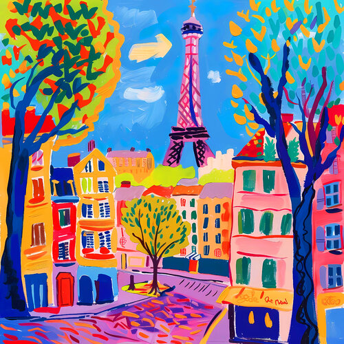 Happy Paris. France. Bright  childlike style fairytale colorful cityscape fantasy city. Hanging large positive naive fine art for home decor, inspiration by Matisse Irina BAST