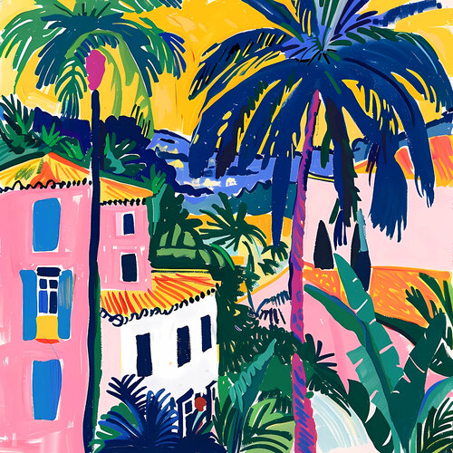 Sunny day in Los Angeles. Bright joyful hanging large wall art. Positive naive style childlike fine art for home decor, inspiration by Matisse and Fauvism Irina BAST