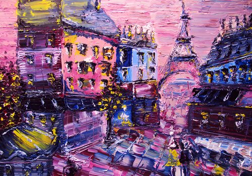 Pink Paris. Bright joyful expressionistic colorful cityscape original painting. Vivid cheerful fine art for home decor Irina BAST