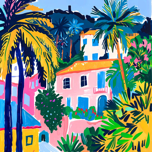 Sunny day in Los Angeles. Bright joyful hanging large wall art. Positive naive style childlike fine art for home decor, inspiration by Matisse and Fauvism von Irina BAST, Digital kaufen auf Singulart