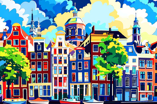 Colorful Amsterdam. Netherlands. Bright joyful vivid urban cityscape. Large positive naive cheerful fine art for home decor von Irina BAST, Digital kaufen auf Singulart