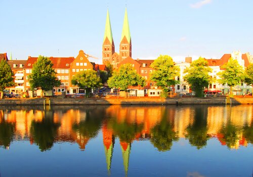 Sweden. Stockholm. Sunset. Reflection in water. Bright joyful vivid cityscape. Large positive naive cheerful fine art for home decor. von Irina BAST, Druck kaufen auf Singulart