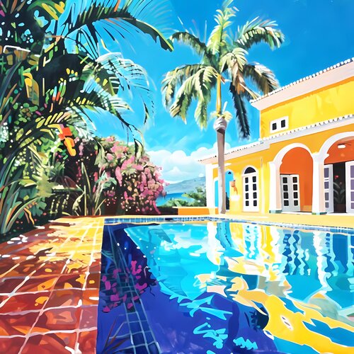 SUNSHINE VILLA. Dream travel, holidays. Sunny positive mood impressionistic wall art for home decor van Irina BAST, Digitaal te koop op Singulart