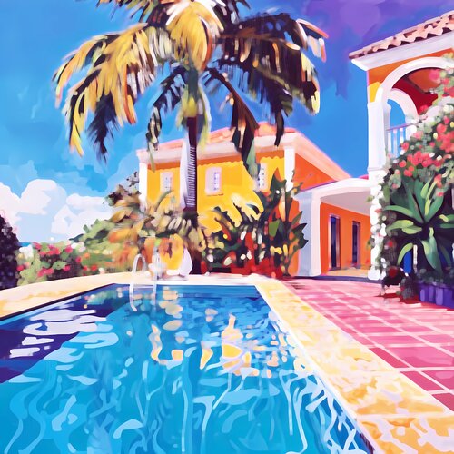 SUNSHINE VILLA. Dream travel, holidays. Sunny positive mood impressionistic wall art for home decor van Irina BAST, Digitaal te koop op Singulart