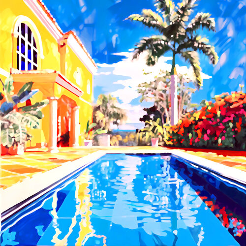 SUNSHINE VILLA. Dream travel, holidays. Sunny positive mood impressionistic wall art for home decor von Irina BAST, Digital kaufen auf Singulart