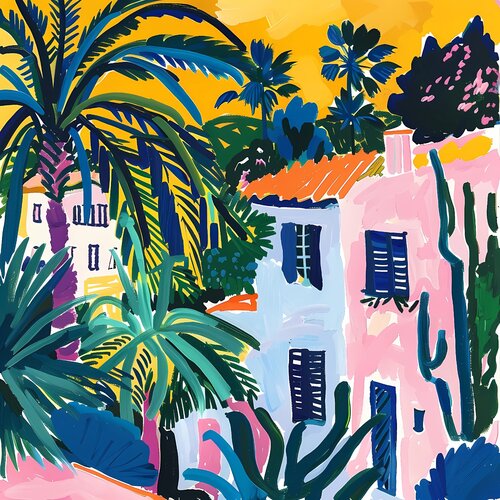 Sunny day in Los Angeles. Bright joyful hanging large wall art. Positive naive style childlike fine art for home decor, inspiration by Matisse and Fauvism Irina BAST