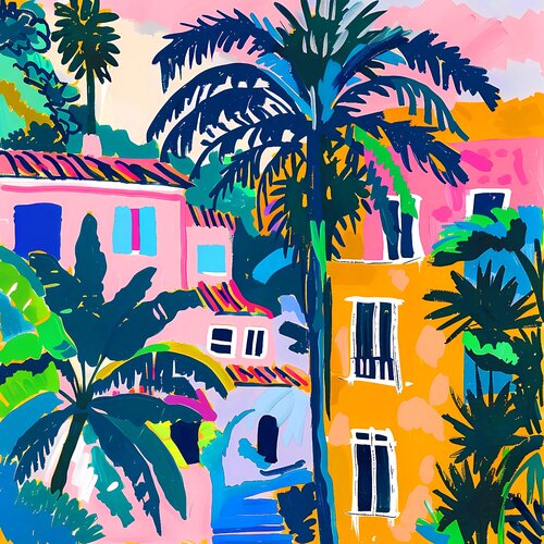 Sunny day in Los Angeles. Bright joyful hanging large wall art. Positive naive style childlike fine art for home decor, inspiration by Matisse and Fauvism Irina BAST