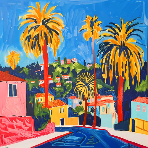 Colorful Los Angeles. Bright joyful hanging large wall art. Positive naive style childlike fine art for home decor, inspiration by Matisse and Fauvism Irina BAST