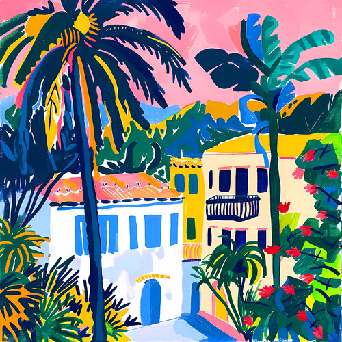 Hot day in Los Angeles. Bright joyful hanging large wall art. Positive naive style childlike fine art for home decor, inspiration by Matisse and Fauvism Irina BAST