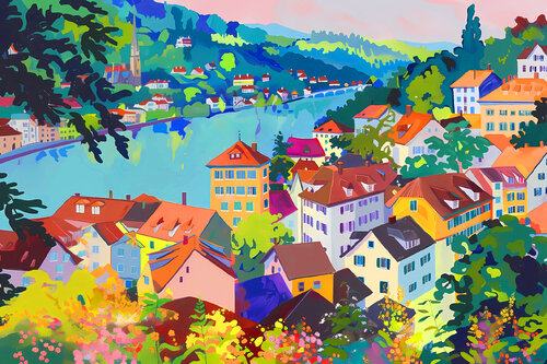 Colorful roofs of houses. Switzerland. Bright joyful vivid urban cityscape. Large size positive mood fine art for home decor von Irina BAST, Digital kaufen auf Singulart