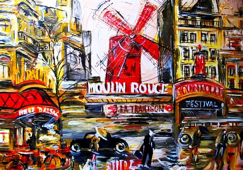 Moulin Rouge Paris. Bright joyful expressionistic colorful cityscape original painting. Vivid cheerful fine art for home decor Irina BAST