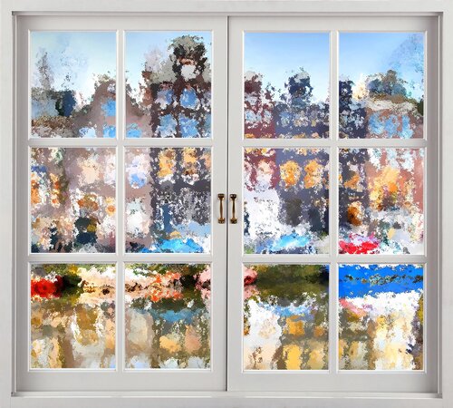 Window overlooking rainy Amsterdam. Netherlands. Bright joyful vivid urban cityscape. Large positive naive cheerful fine art for home decor van Irina BAST, Digitaal te koop op Singulart