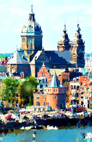 Amsterdam. Netherlands. Mix of fantasy and reallity. Bright joyful vivid urban cityscape art with Dutch architecture for home decor von Irina BAST, Fotografie kaufen auf Singulart