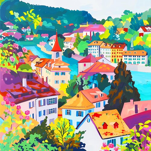 Sunny day in  Switzerland. Bright joyful vivid urban cityscape. Large size positive mood fine art for home decor von Irina BAST, Druck kaufen auf Singulart