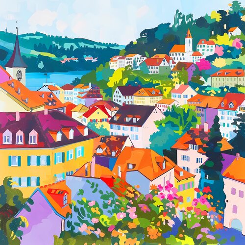 Sunny day in  Switzerland. Bright joyful vivid urban cityscape. Large size positive mood fine art for home decor par Irina BAST, Édition en vente sur Singulart
