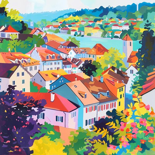 Sunny day in  Switzerland. Bright joyful vivid urban cityscape. Large size positive mood fine art for home decor von Irina BAST, Druck kaufen auf Singulart