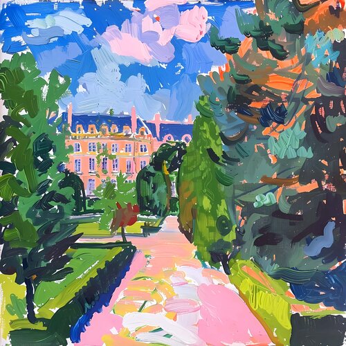 Versailles. Dream palace castle with a garden, park of trees and flowers. Paris, France. Bright romantic beautiful landscape. Vivid colors cityscape. Large size positive mood fine art for home decor Irina BAST