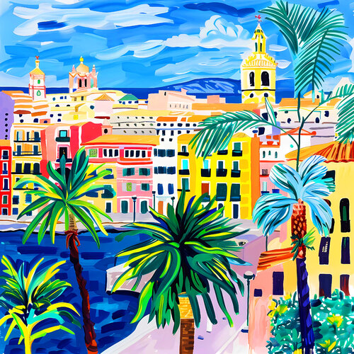 Spain, Valencia. Happy cityscape. Bright joyful fauvism colorful city. Hanging large positive naive fine art for home decor, inspiration by Matisse by Irina BAST, 인쇄 for Sale on Singulart