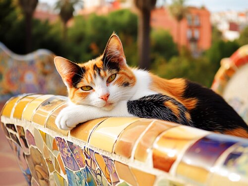 Calico cat in Park Guell, Barcelona, ​​Spain. Antoni Gaudí mosaic photorealistic wall art. European cityscape, positive wall decor, lovely gift. Irina BAST
