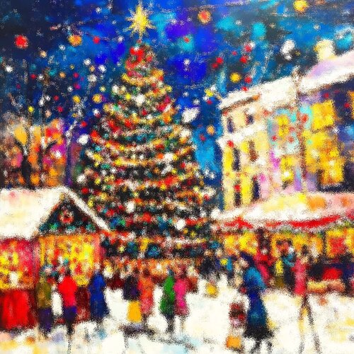 Christmas market in city. Winter cityscape, holidays celebration. Positive winter New year Christmas wall decor, lovely gift von Irina BAST, Druck kaufen auf Singulart