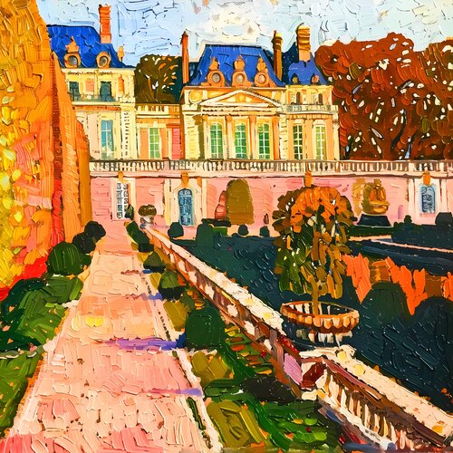 Autumn in Versailles. Dream palace castle with a garden, park of trees and flowers. Paris, France.  Bright romantic landscape. Vivid colors beautiful cityscape. Large size positive mood fine art for home decor by Irina BAST, 인쇄 for Sale on Singulart