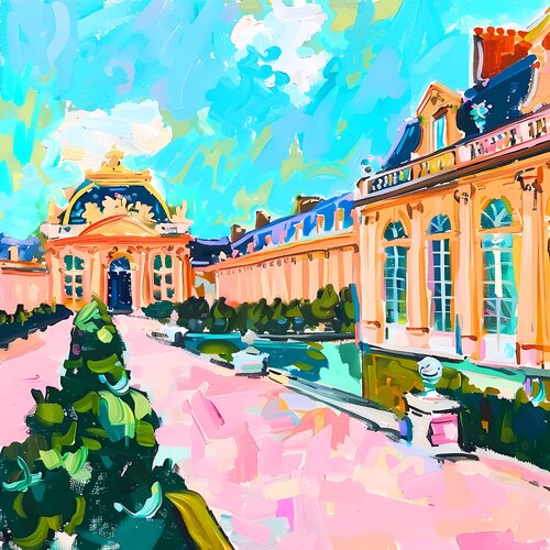 Versailles. Dream palace castle with a garden, park of trees and flowers. Paris, France. Bright romantic beautiful landscape. Vivid colors cityscape. Large size positive mood fine art for home decor by Irina BAST, 인쇄 for Sale on Singulart