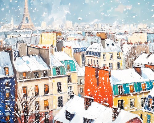 Cozy winter in Paris. France cityscape. Peaceful winter landscape. Living room, nursery, bedroom wall art decor. New year Christmas lovely gift Irina BAST
