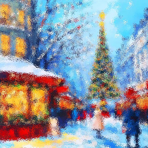 Christmas market in city. Winter cityscape, holidays celebration. Positive winter New year Christmas wall decor, lovely gift by Irina BAST, Print for Sale on Singulart