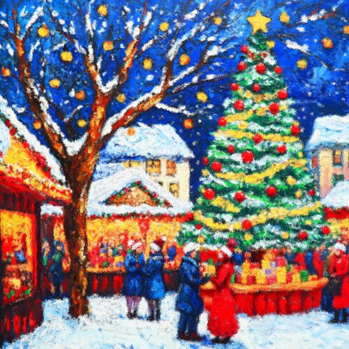 Christmas market in city. Winter cityscape, holidays celebration. Positive winter New year Christmas wall decor, lovely gift by Irina BAST, Print for Sale on Singulart