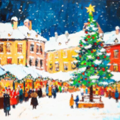 Christmas market in city. Winter cityscape, holidays celebration. Positive winter New year Christmas wall decor, lovely gift Irina BAST