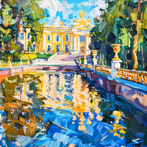 Versailles. Dream palace castle with a garden, park of trees and flowers. Paris, France. Bright romantic beautiful landscape. Vivid colors cityscape. Large size positive mood fine art for home decor von Irina BAST, Druck kaufen auf Singulart