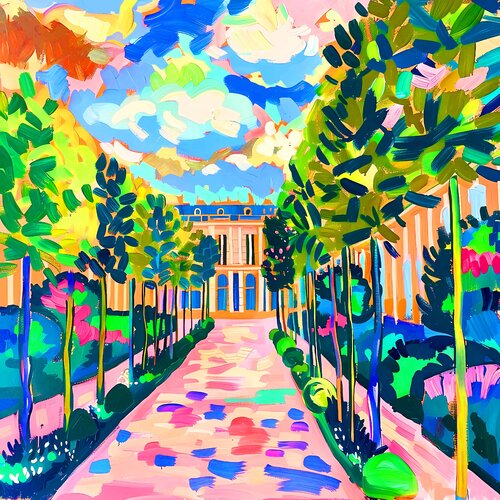 Versailles. Dream palace castle with a garden, park of trees and flowers. Paris, France. Bright romantic beautiful landscape. Vivid colors cityscape in Matisse style Irina BAST