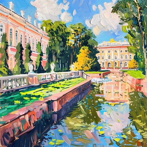 Versailles. Dream palace castle with a garden, park of trees and flowers. Paris, France. Bright romantic beautiful landscape. Vivid colors cityscape. Large size positive mood fine art for home decor Irina BAST