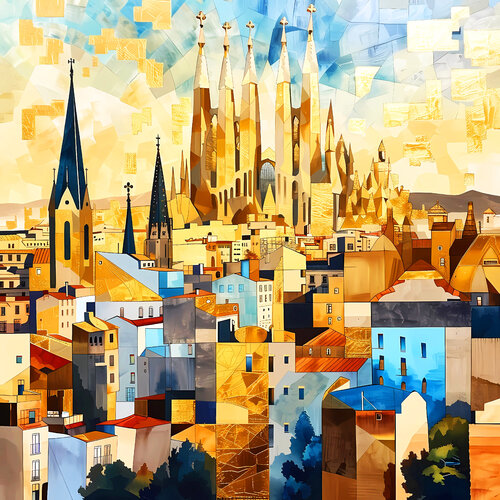 Barcelona Spain. Catalonia. Sagrada Familia. Abstract cityscape. Modern city landscape. Golden bronze blue turquoise artwork in cubism style von Irina BAST, Digital kaufen auf Singulart