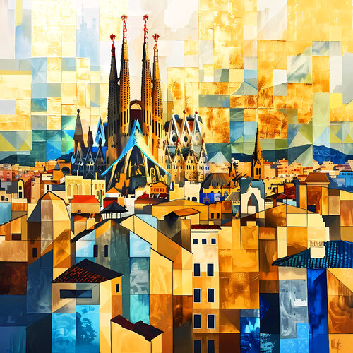 Barcelona Spain. Catalonia. Sagrada Familia. Abstract cityscape. Modern city landscape. Golden bronze blue turquoise artwork in cubism style von Irina BAST, Digital kaufen auf Singulart